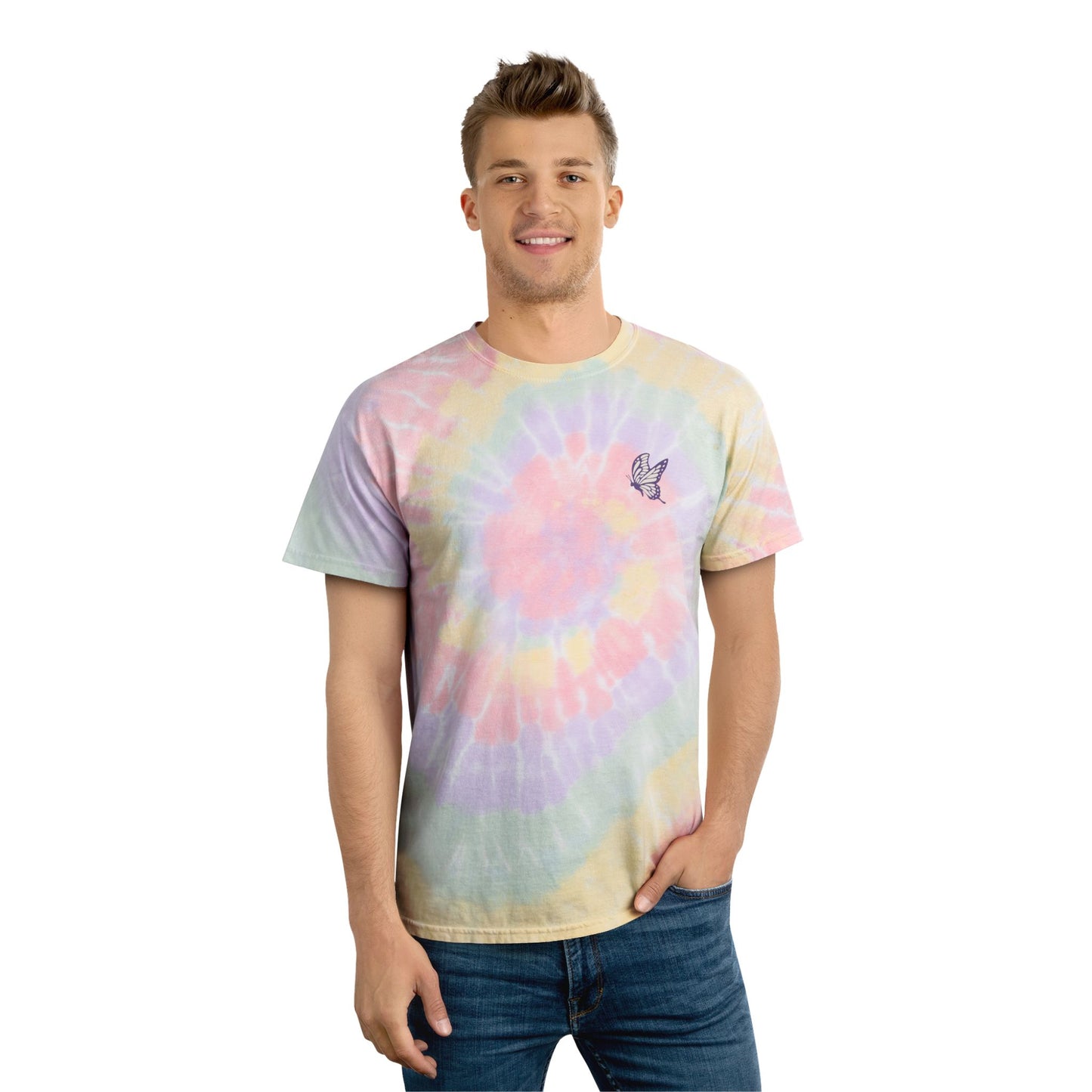 Pastel Tie-Dye Tee with Butterfly Embroidery